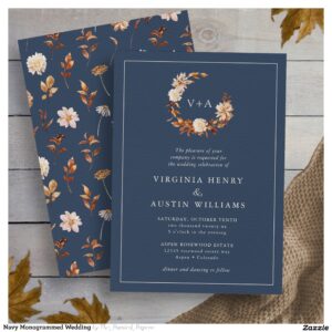 Navy Monogrammed Wedding Invitation