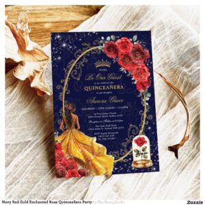 Navy Red Gold Enchanted Rose Quincea?era Party Invitation