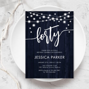 Navy White Rustic Wood 40th Birthday Party Invitation