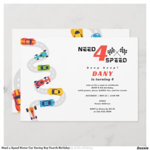 Need 4 Speed Motor Car Racing Boy Fourth Birthday Invitation