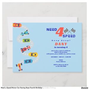 Need 4 Speed Motor Car Racing Boys Fourth Birthday Invitation