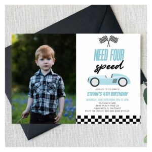 Need Four Race Car 4th Picture Birthday Party Invitation