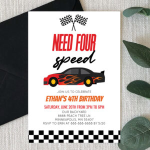 Need Four Red Flame Race Car 4th Birthday Party Invitation