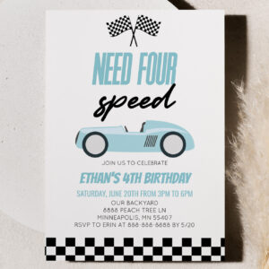 Need Four Speed Blue Race Car 4th Birthday Party Invitation