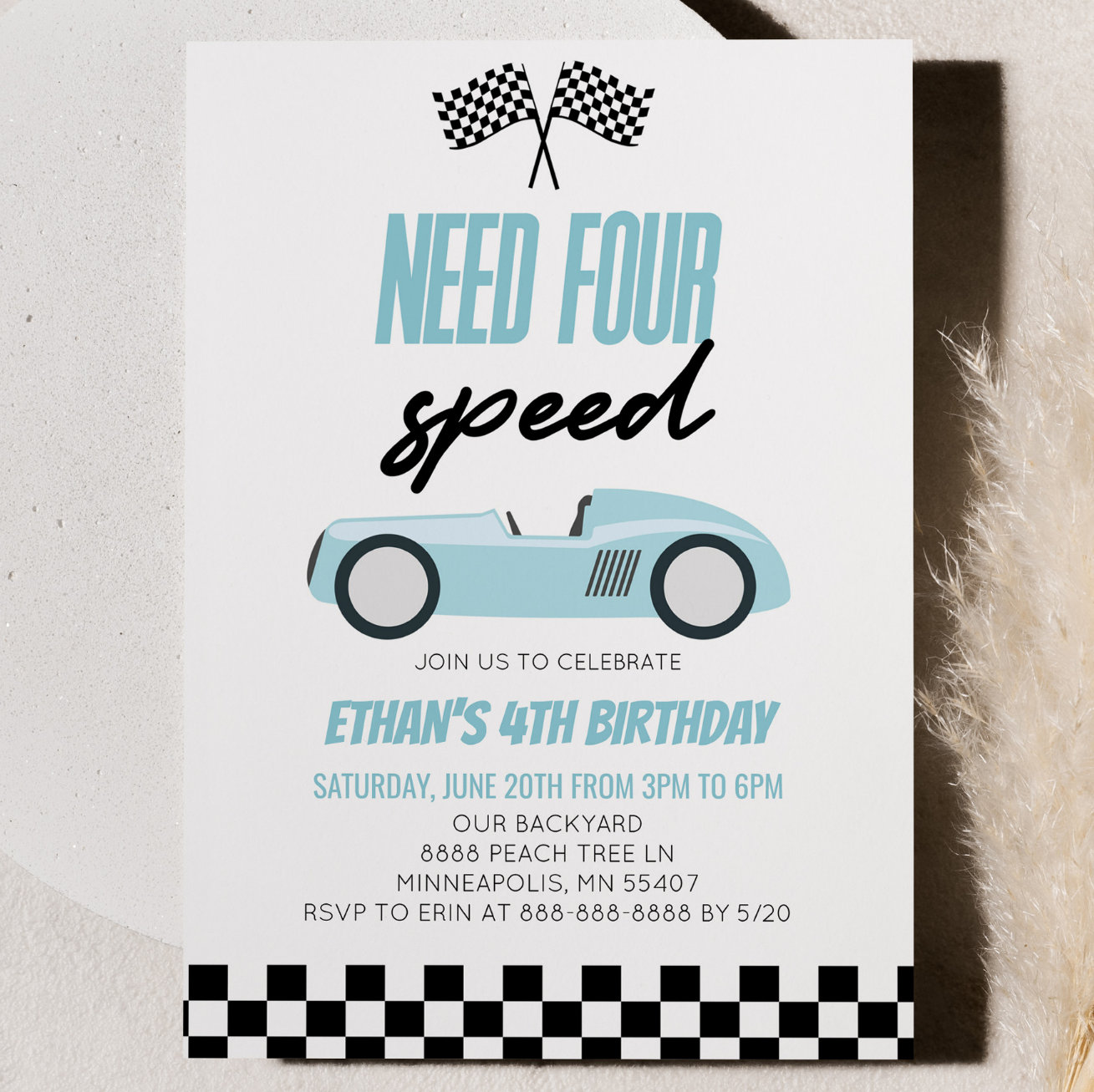 Need Four Speed Blue Race Car 4th Birthday Party Invitation