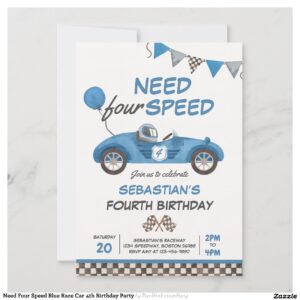 Need Four Speed Blue Race Car 4th Birthday Party Invitation