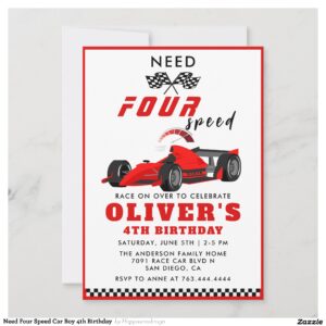 Need Four Speed Car Boy 4th Birthday  Invitation