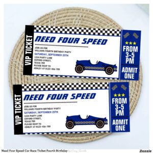 Need Four Speed Car Race Ticket Fourth Birthday Invitation