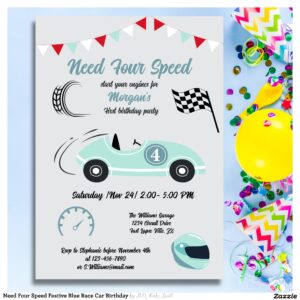 Need Four Speed Festive Blue Race Car Birthday Invitation