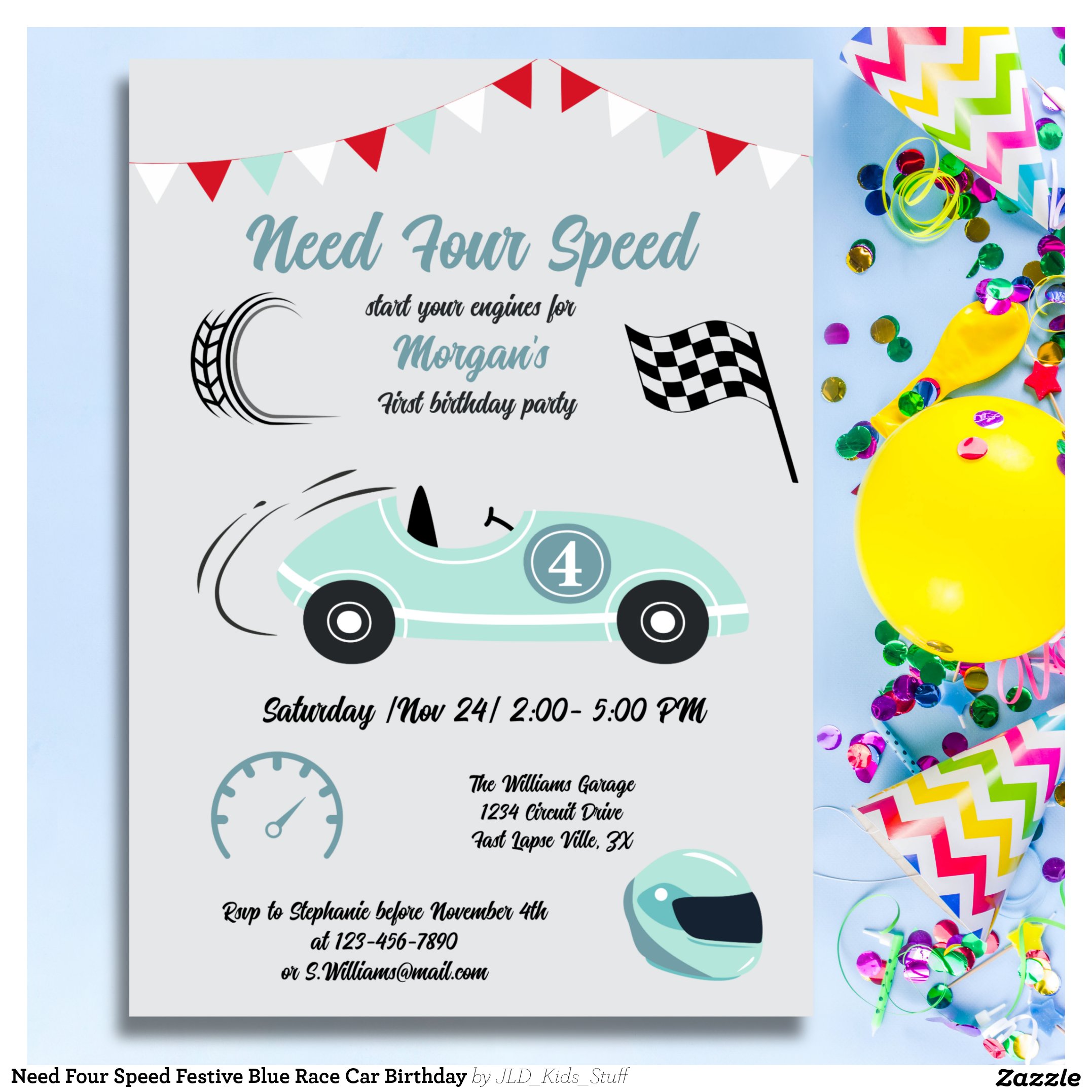 Need Four Speed Festive Blue Race Car Birthday Invitation