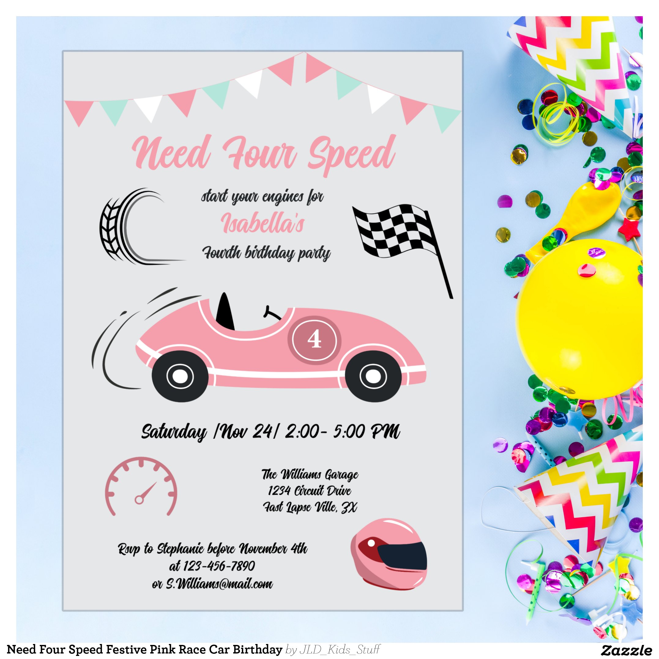 Need Four Speed Festive Pink Race Car Birthday Invitation