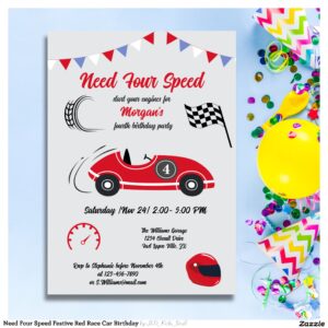 Need Four Speed Festive Red Race Car Birthday Invitation