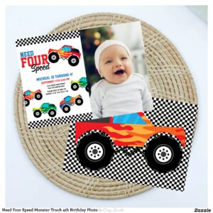 Need Four Speed Monster Truck 4th Birthday Photo Invitation