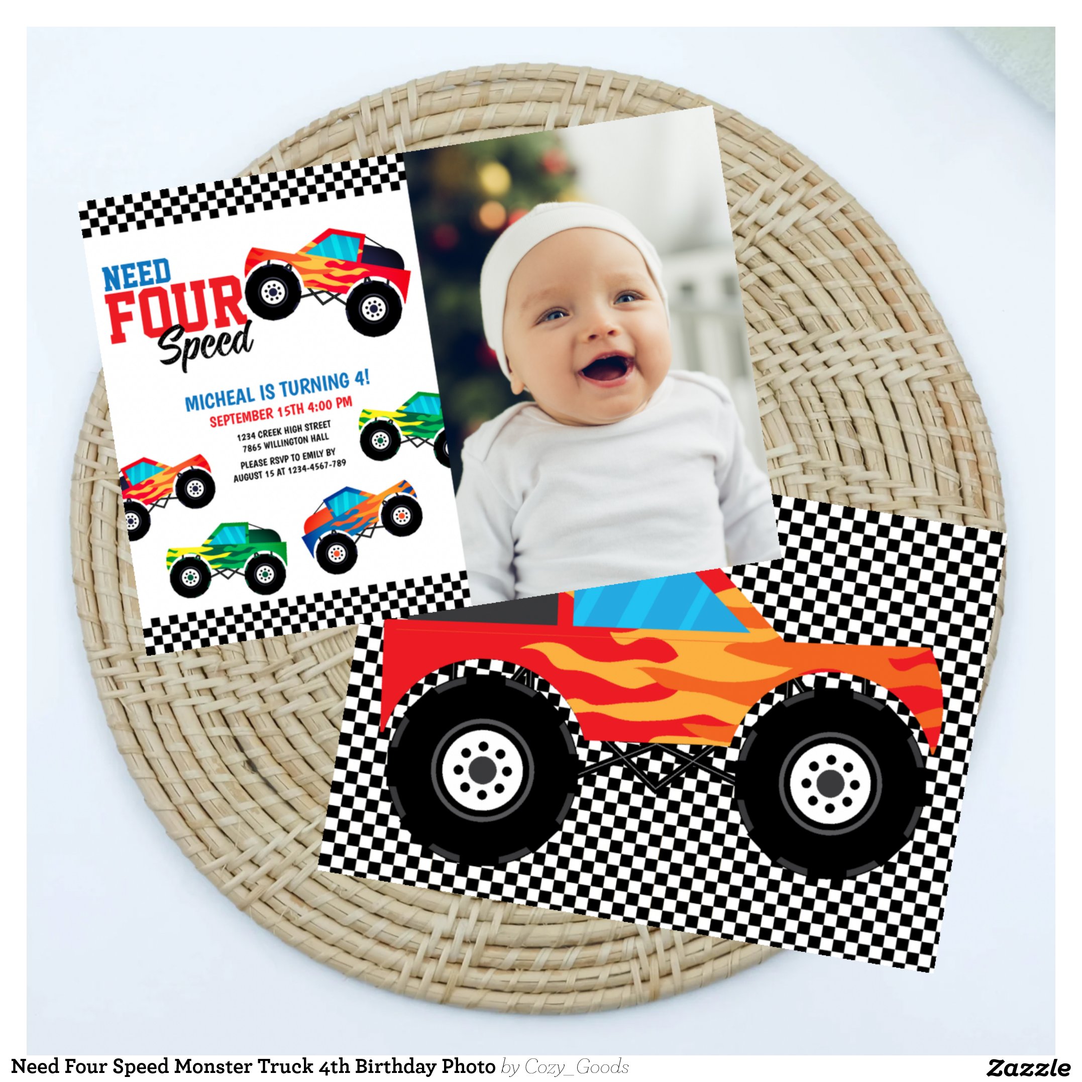 Need Four Speed Monster Truck 4th Birthday Photo Invitation