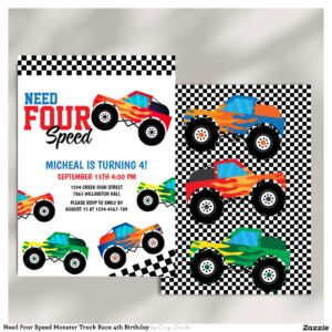 Need Four Speed Monster Truck Race 4th Birthday Invitation