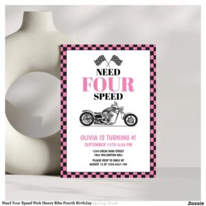 Need Four Speed Pink Heavy Bike Fourth Birthday  Invitation