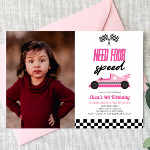Need Four Speed Pink Race Car 4th Birthday Party Invitation