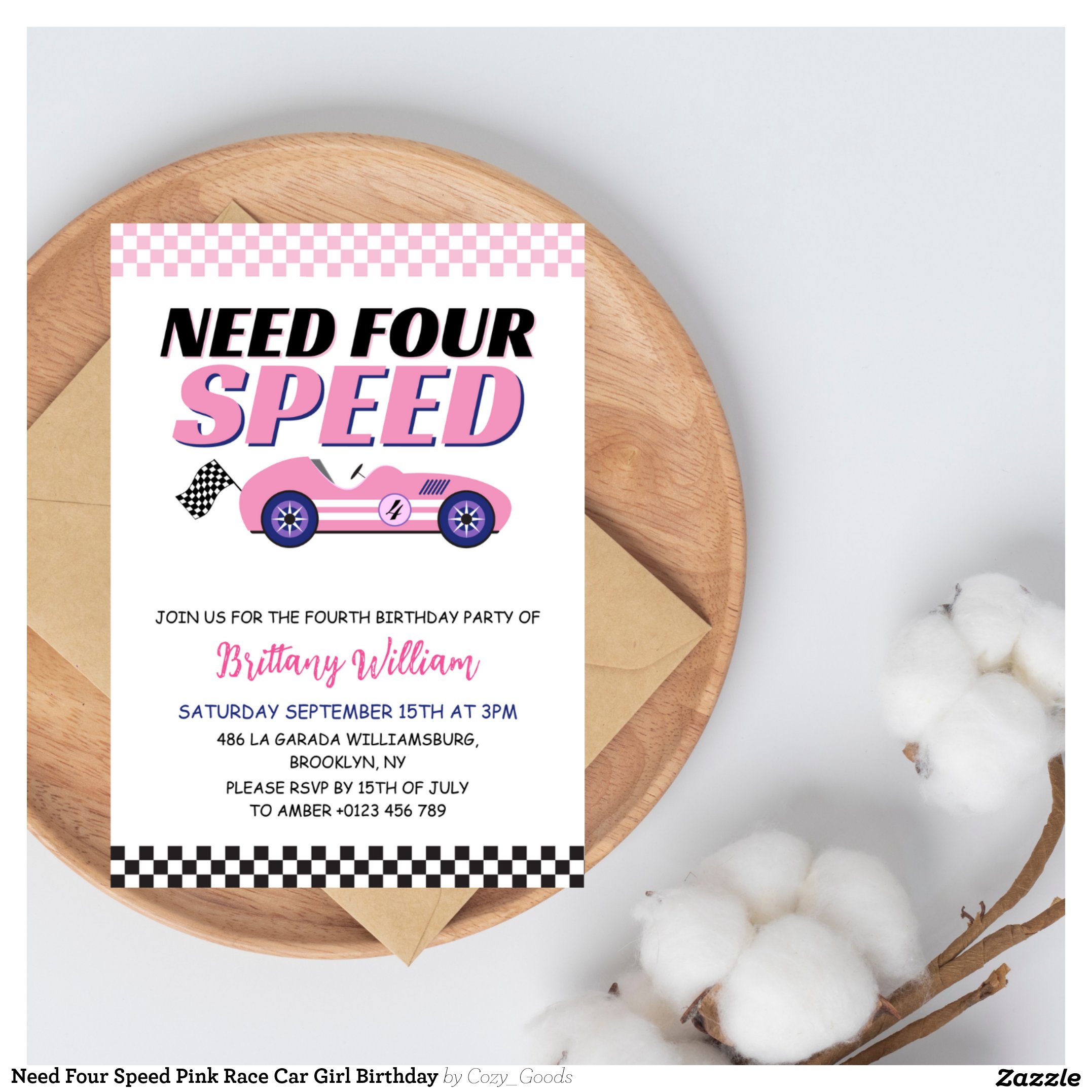 Need Four Speed Pink Race Car Girl Birthday Invitation