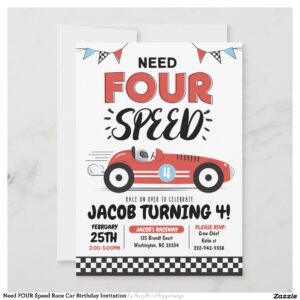Need FOUR Speed Race Car Birthday Invitation