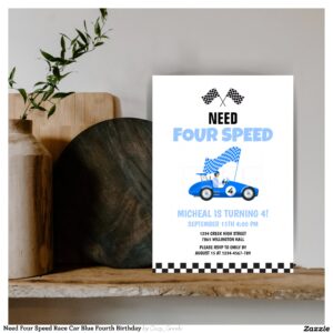 Need Four Speed Race Car Blue Fourth Birthday Invitation