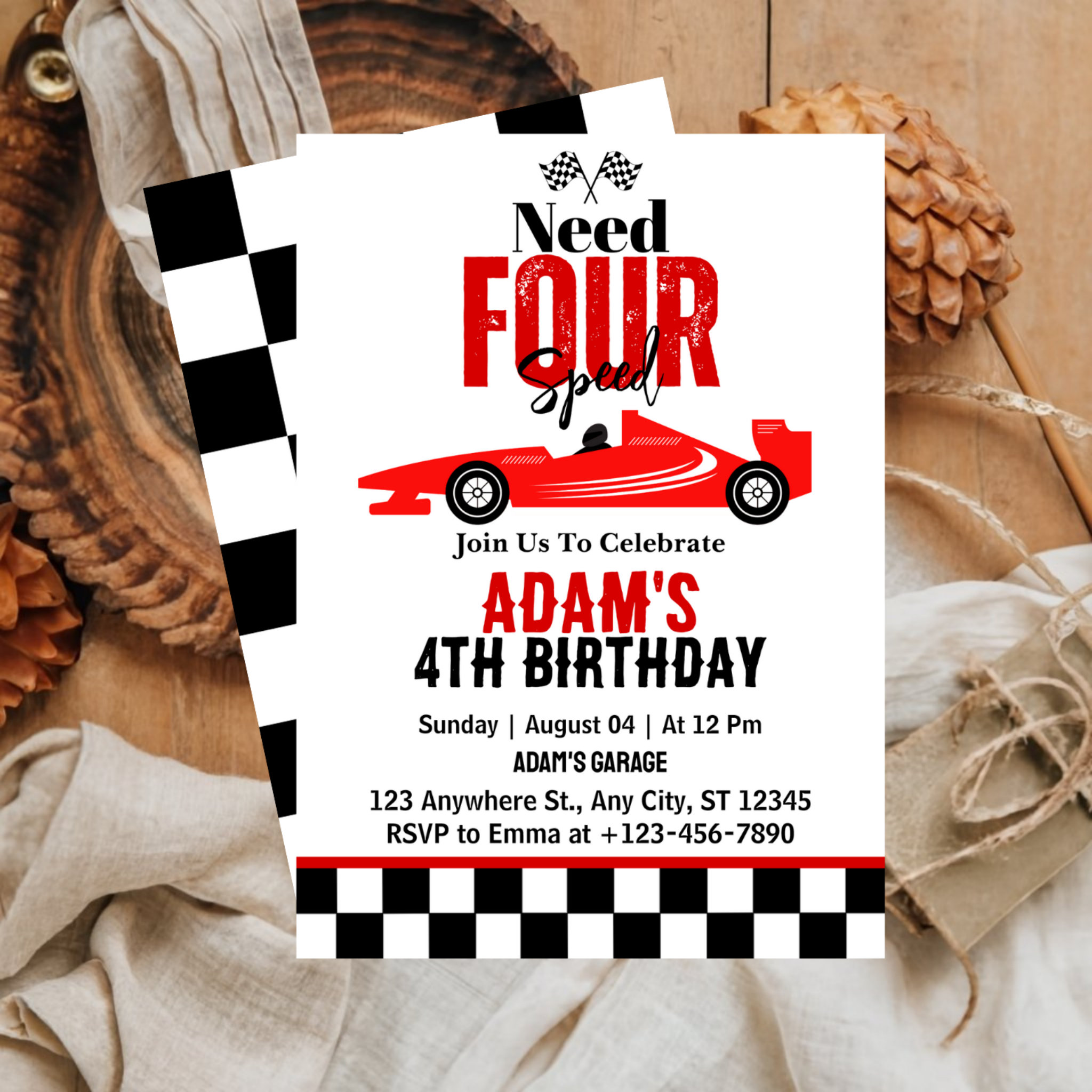 Need Four Speed Race Car Boy 4th Birthday Party  Invitation