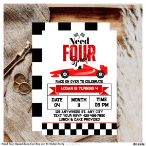 Need Four Speed Race Car Boy 4th Birthday Party  Invitation