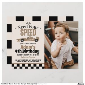 Need Four Speed Race Car Boy 4th Birthday Party  Invitation