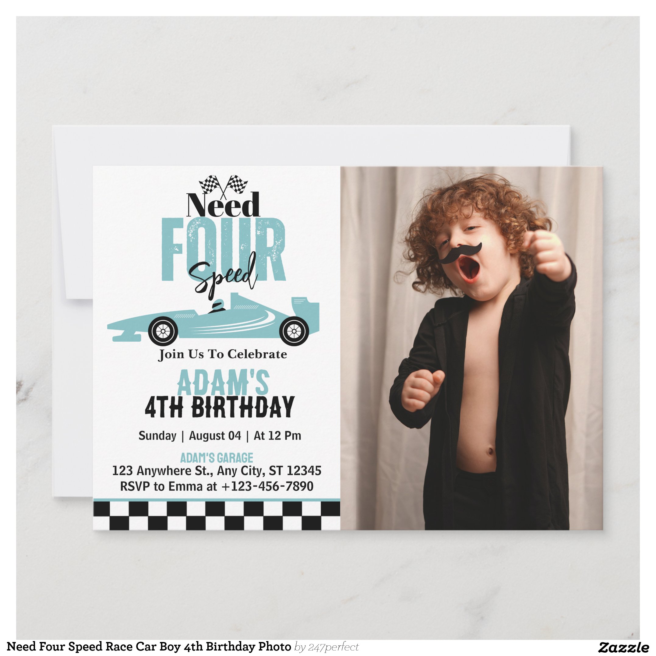 Need Four Speed Race Car Boy 4th Birthday Photo Invitation