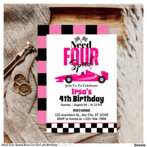 Need Four Speed Race Car Girl 4th Birthday  Invitation