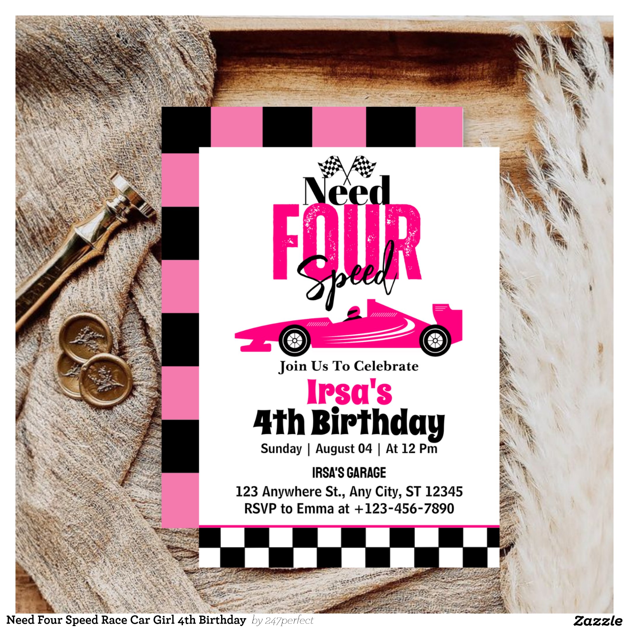 Need Four Speed Race Car Girl 4th Birthday  Invitation