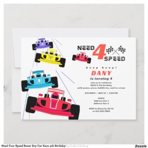 Need Four Speed Racer Boy Car Race 4th Birthday Invitation