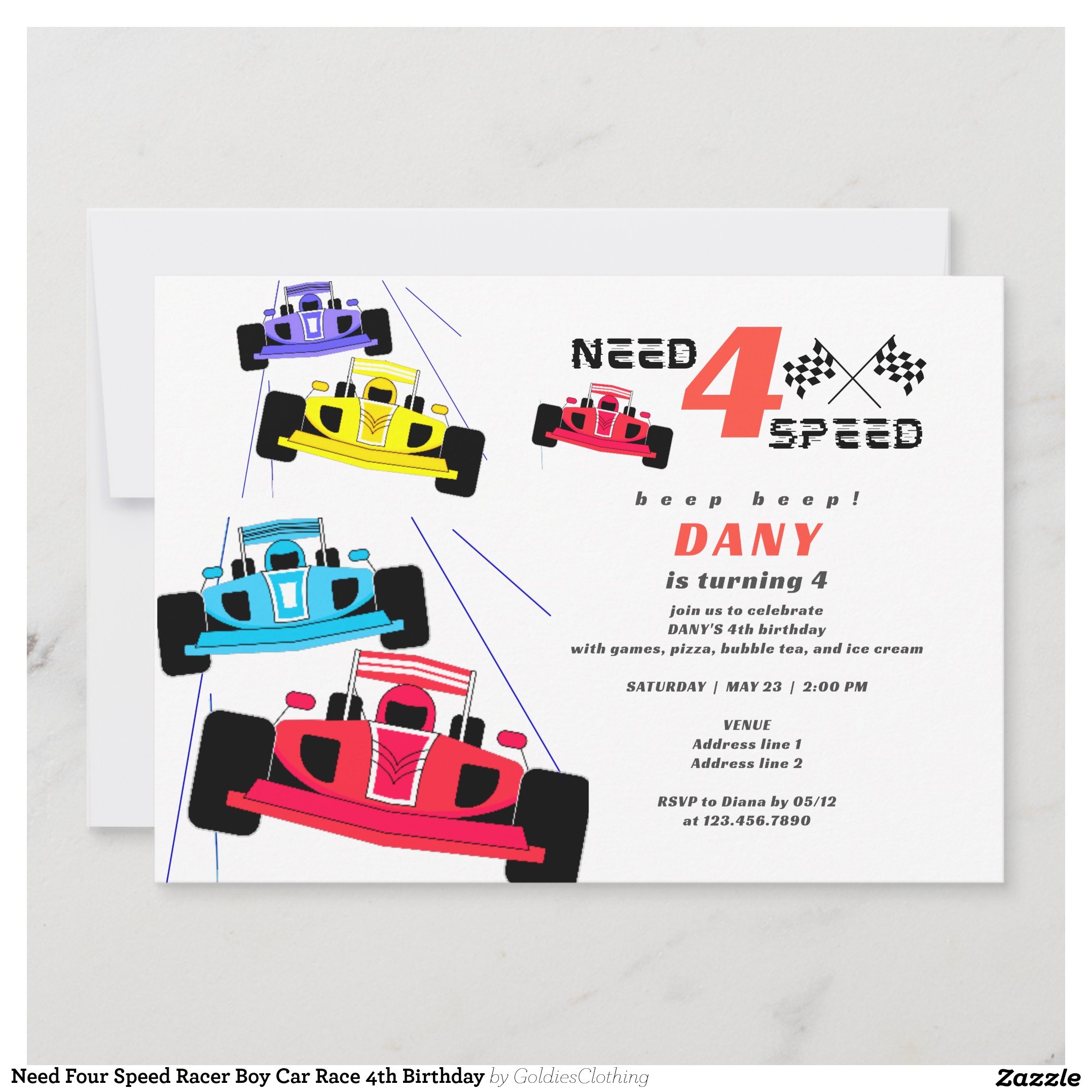 Need Four Speed Racer Boy Car Race 4th Birthday Invitation
