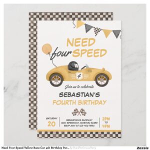 Need Four Speed Yellow Race Car 4th Birthday Party Invitation
