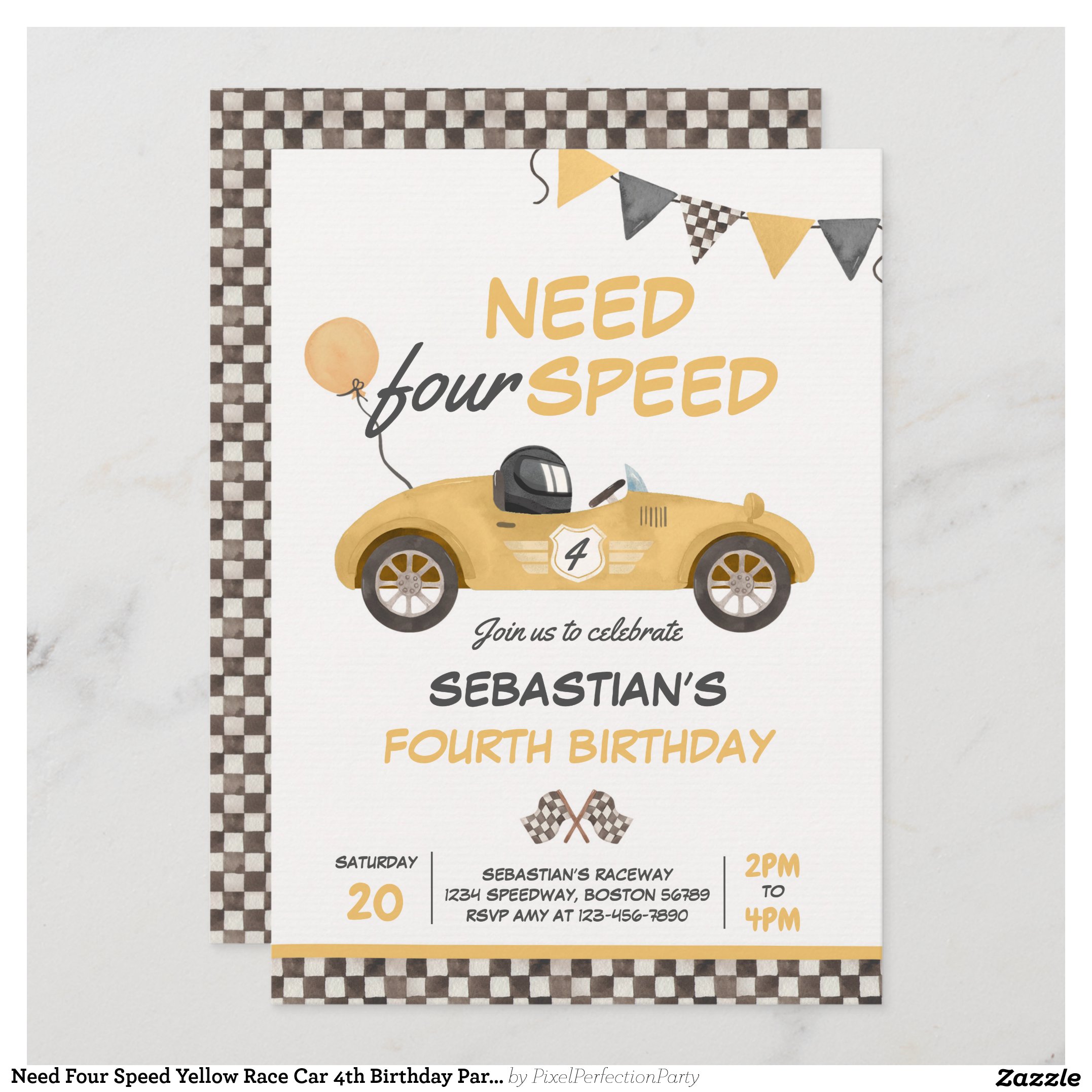 Need Four Speed Yellow Race Car 4th Birthday Party Invitation