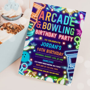Neon Glow Arcade And Bowling Birthday Party  Invitation