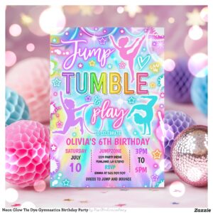 Neon Glow Tie Dye Gymnastics Birthday Party Invitation