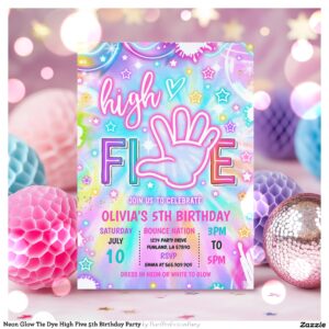 Neon Glow Tie Dye High Five 5th Birthday Party Invitation