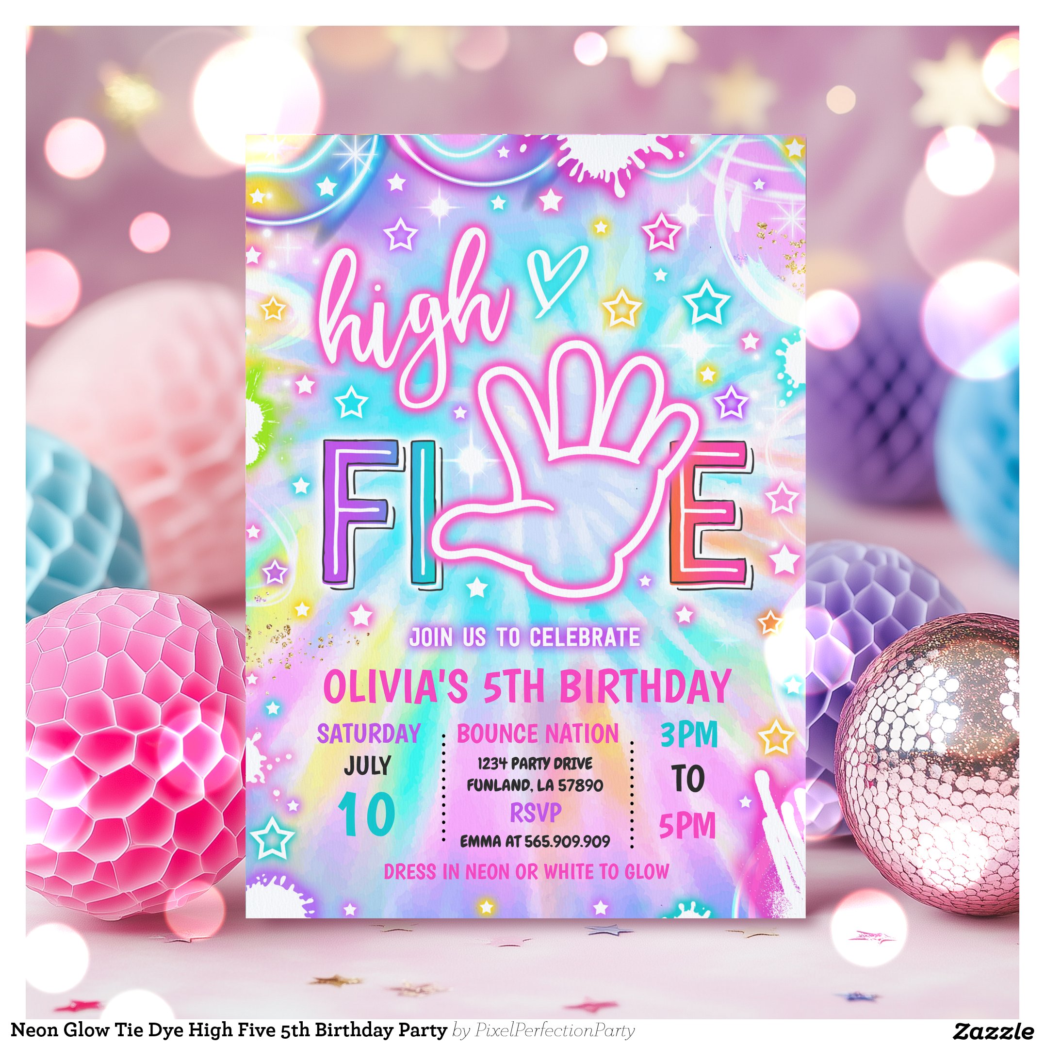 Neon Glow Tie Dye High Five 5th Birthday Party Invitation