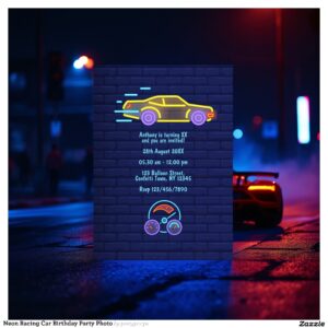 Neon Racing Car Birthday Party Photo Invitation