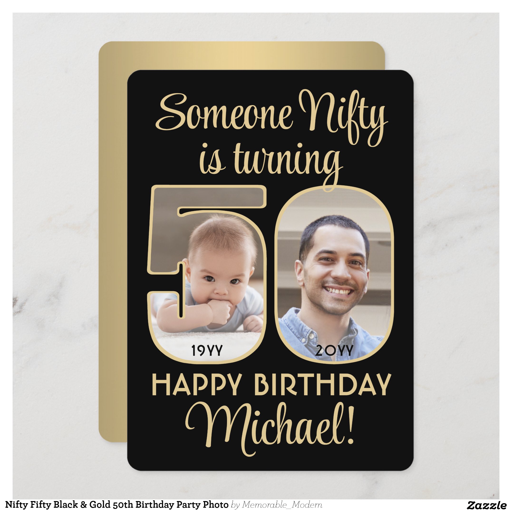 Nifty Fifty Black & Gold 50th Birthday Party Photo Invitation