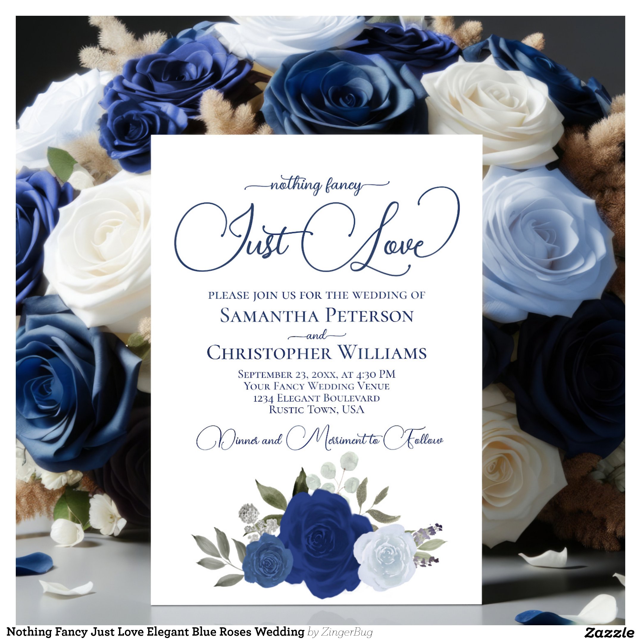Nothing Fancy Just Love Elegant Blue Roses Wedding Invitation