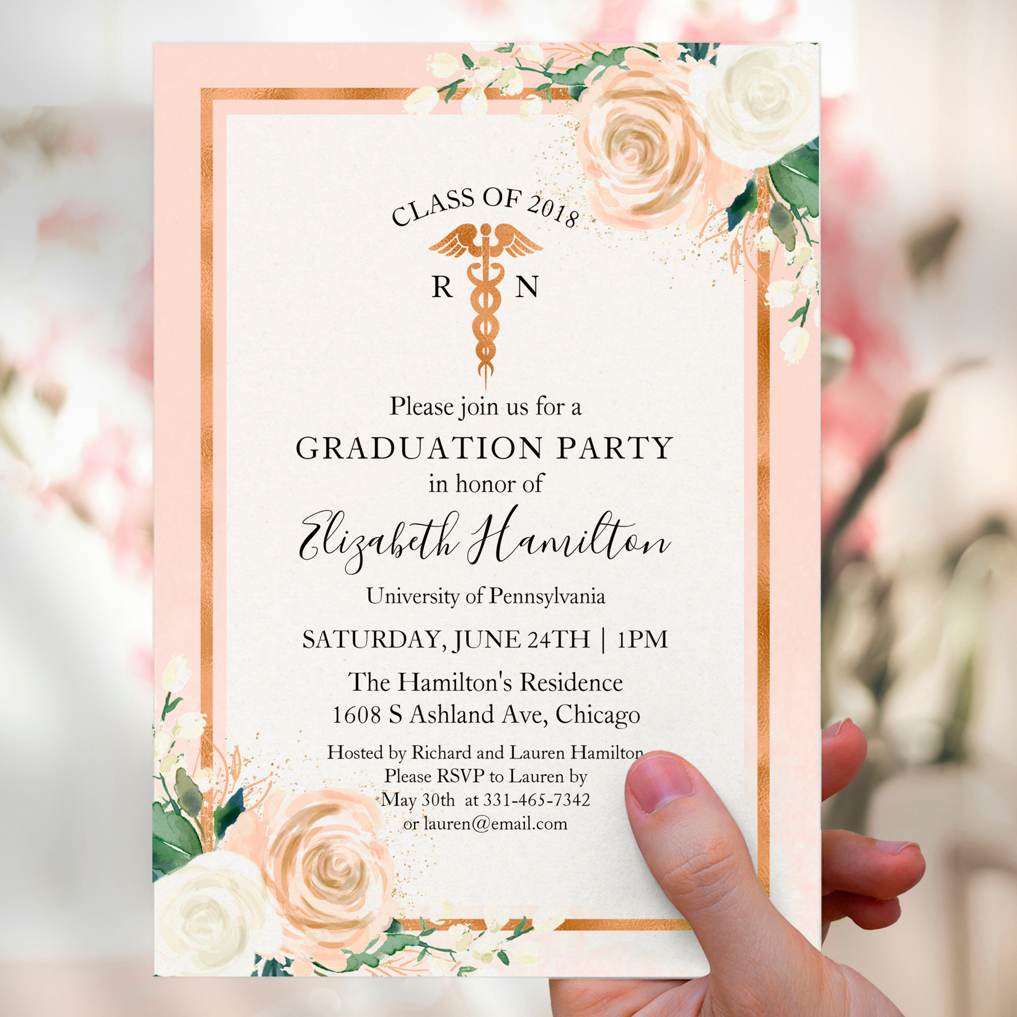 Nursing School Graduation Party Photo Blush Floral Invitation