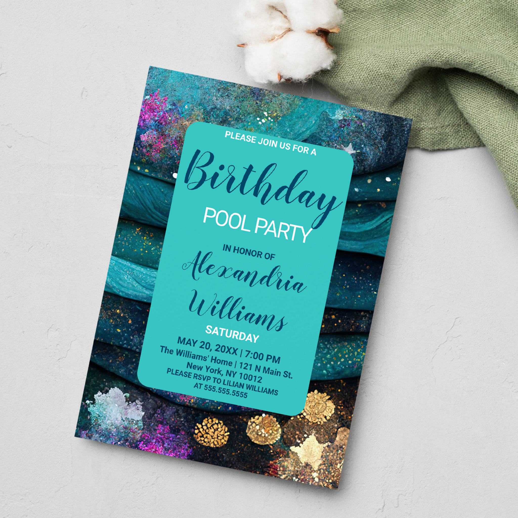 Ocean nautical teal pink gold mermaid Birthday Invitation Postcard