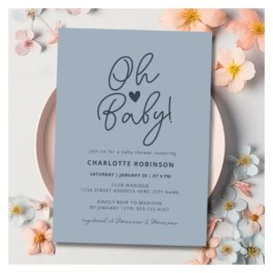 Oh Baby Modern Simple Dusty Blue Boy Baby Shower Invitation