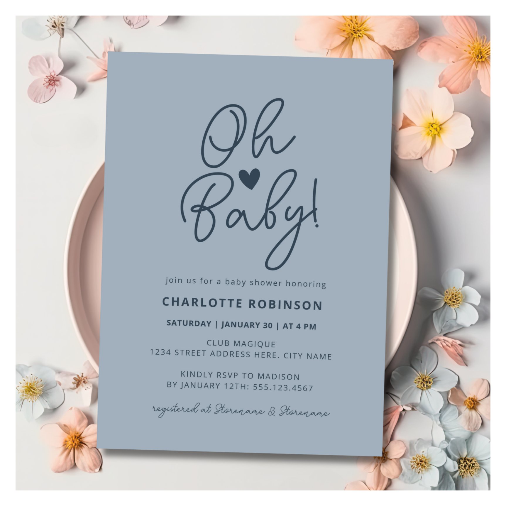 Oh Baby Modern Simple Dusty Blue Boy Baby Shower Invitation