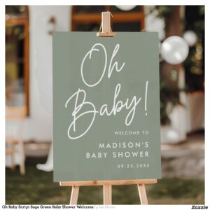 Oh Baby Script Sage Green Baby Shower Welcome Acrylic Sign