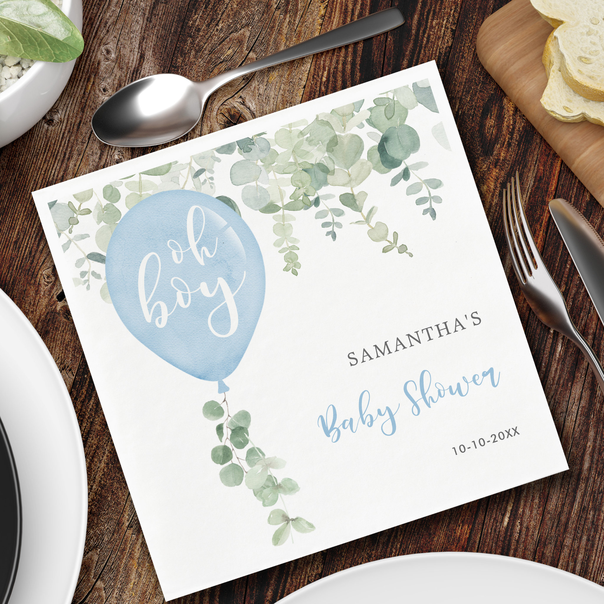 Oh boy blue balloon boy baby shower greenery napkins