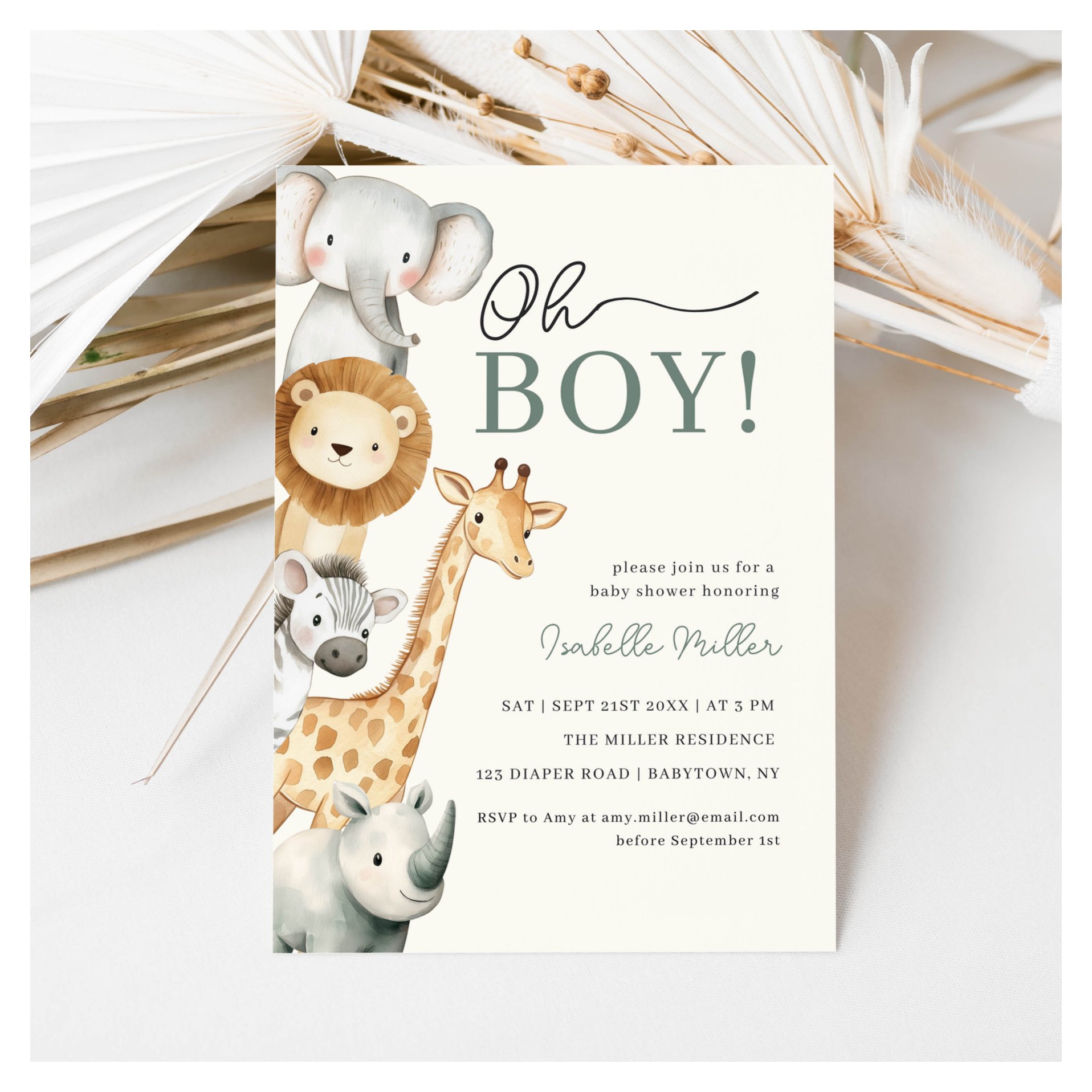 Oh Boy Cute Safari Animal Greenery Boy Baby Shower Invitation