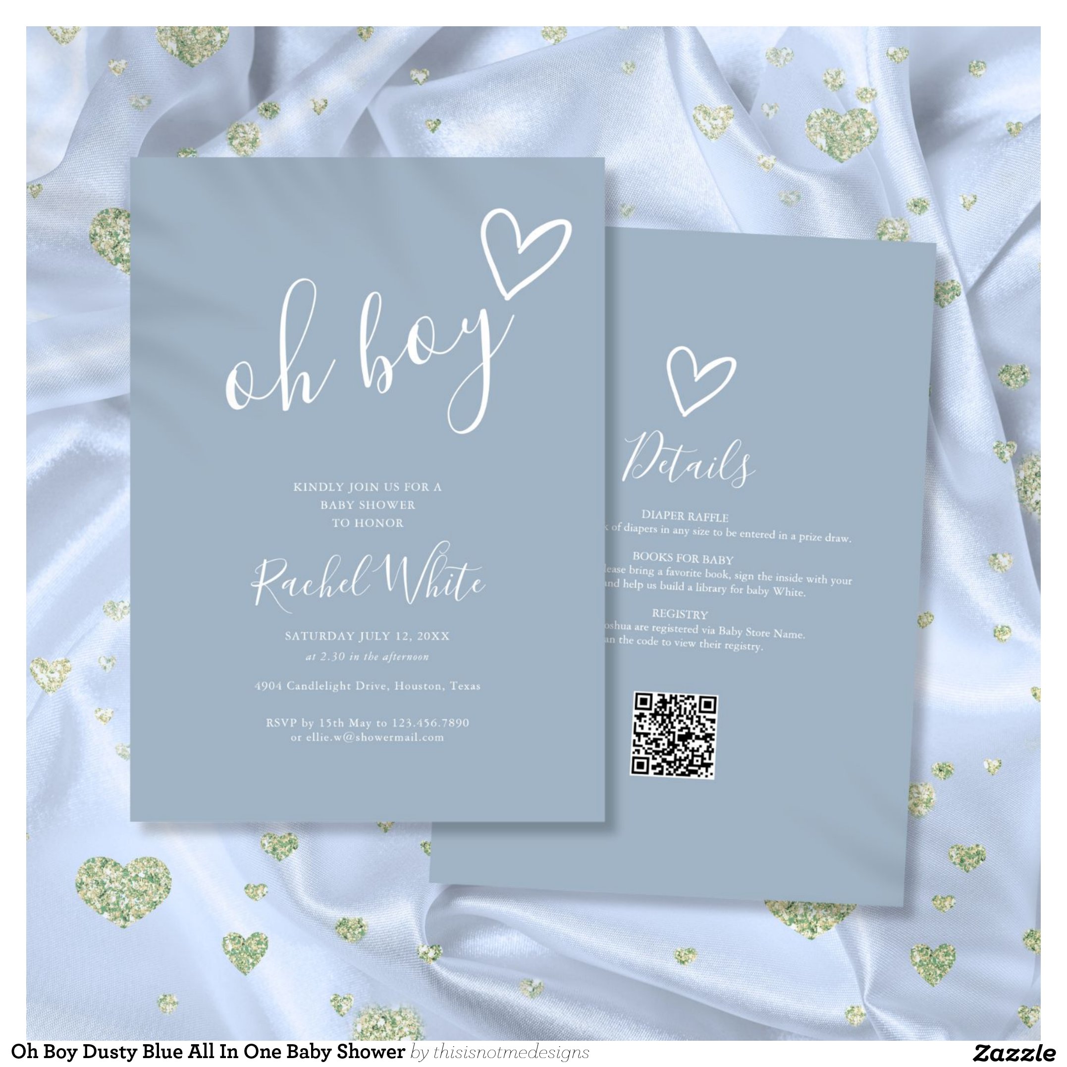 Oh Boy Dusty Blue All In One Baby Shower Invitation