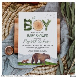 Oh Boy Watercolor Woodland Bear Baby Shower  Invitation